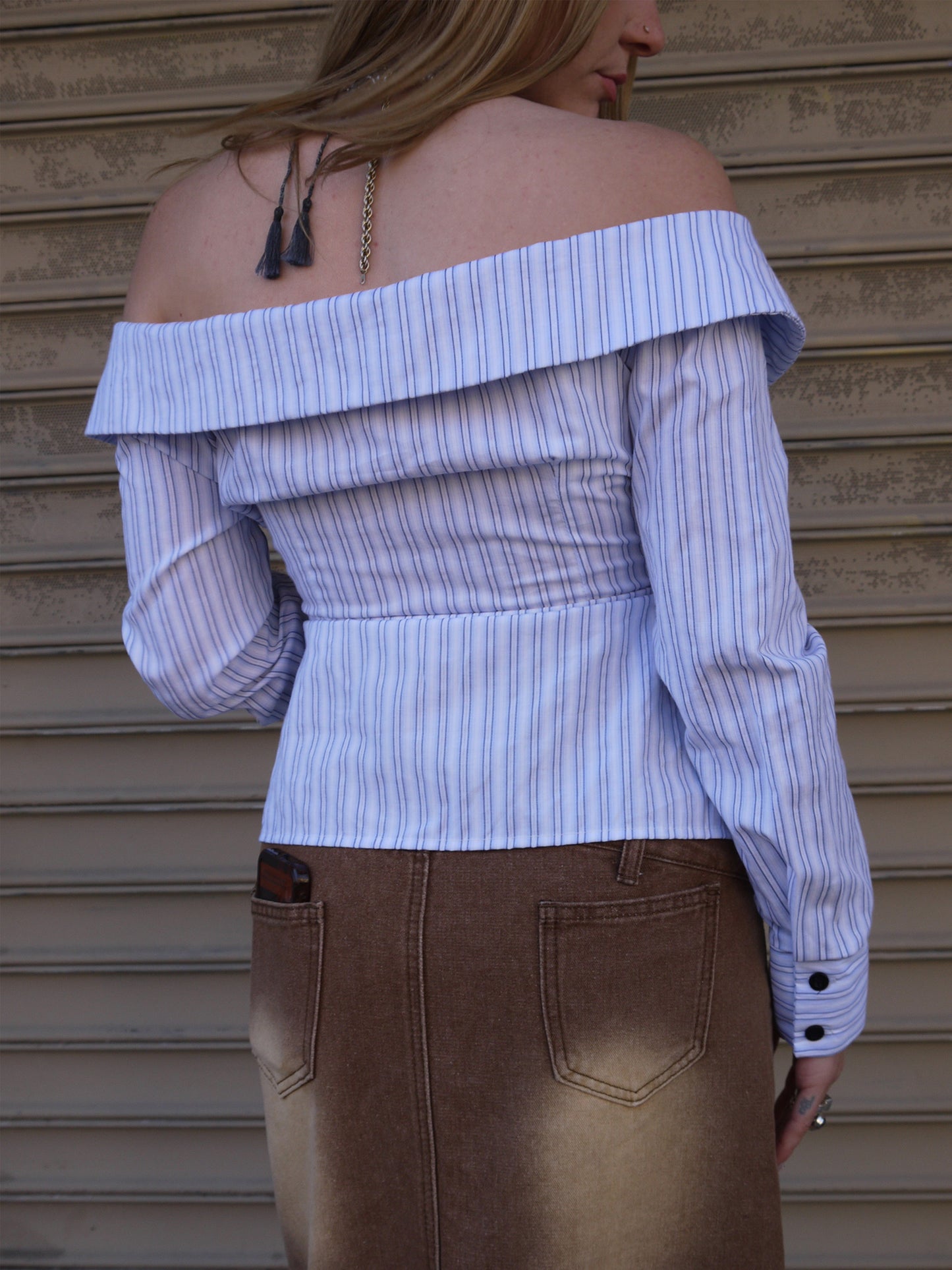 off shoulder stripe blouse
