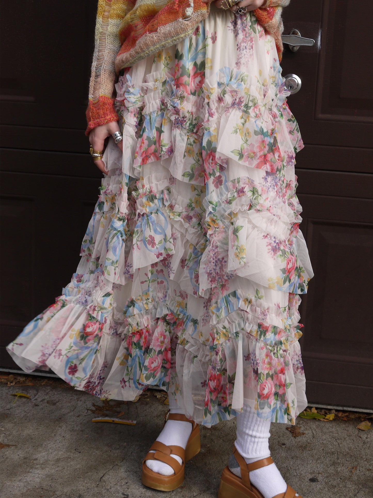 floral multi tiered long skirt