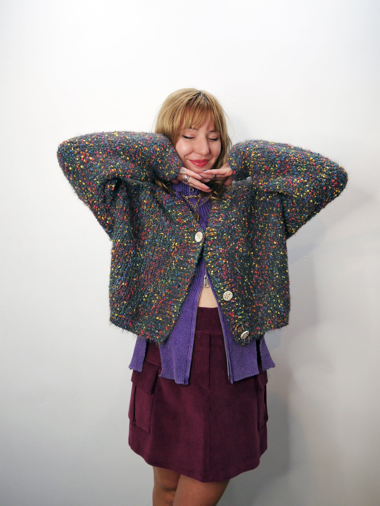 popcorn knit 3 button cardigan