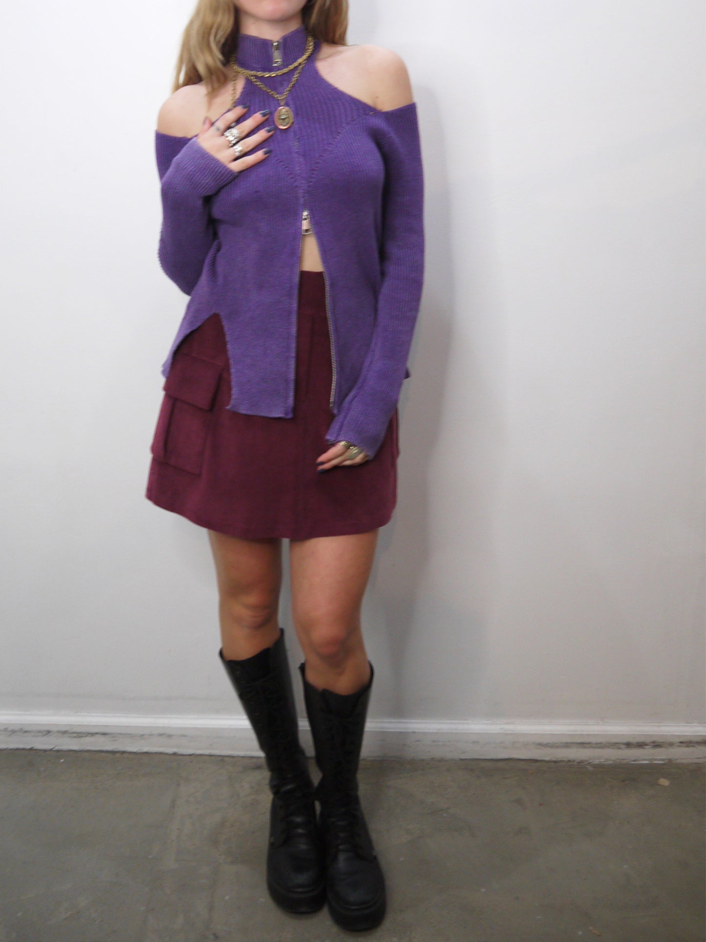 cold shoulder zip up sweater