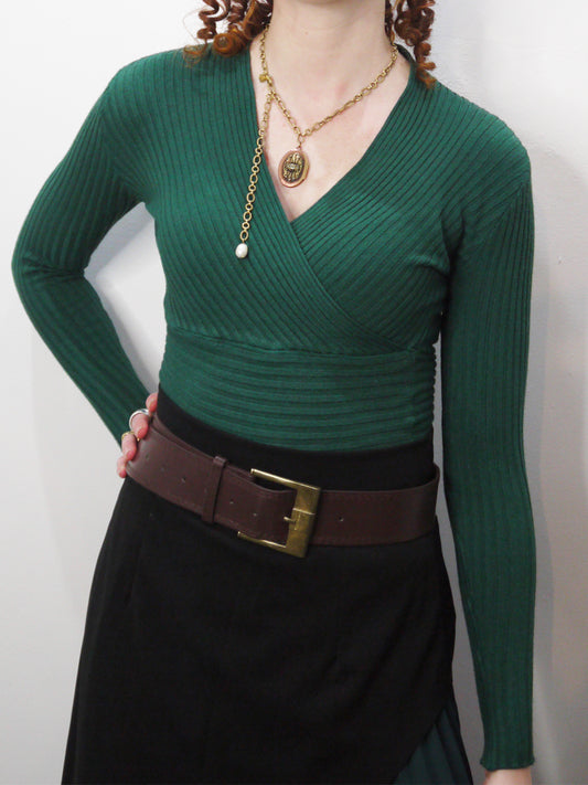 long slv rib knit crossover top