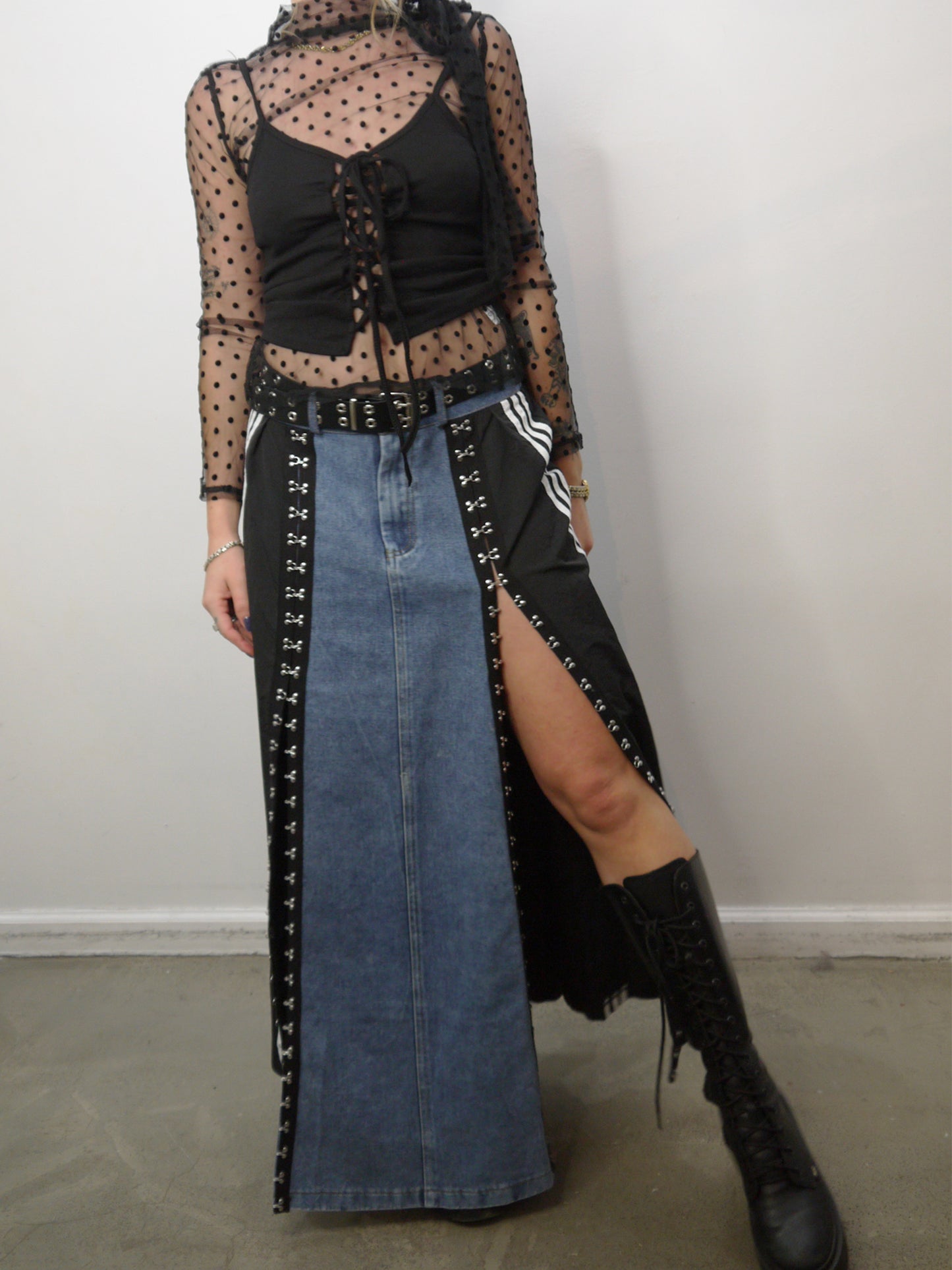 grommet detail long denim skirt