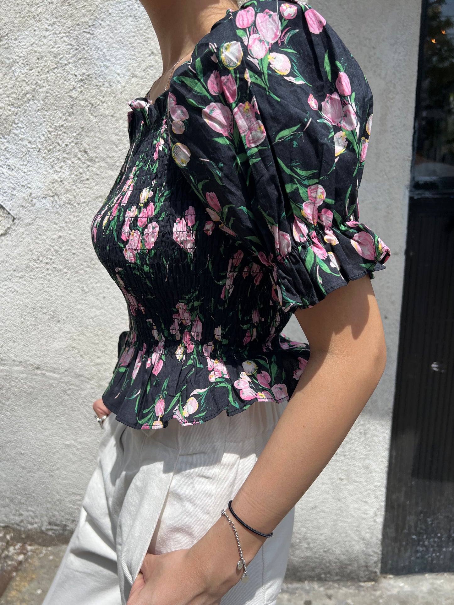 smocked puff sleeve blouse