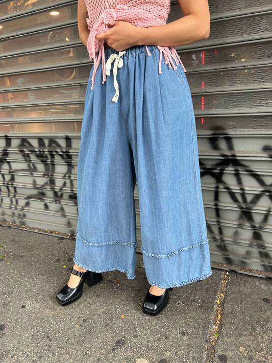 elastic waist wide leg denim pant