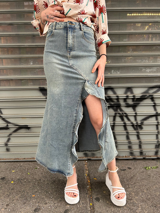 denim high side slit ruffle skirt