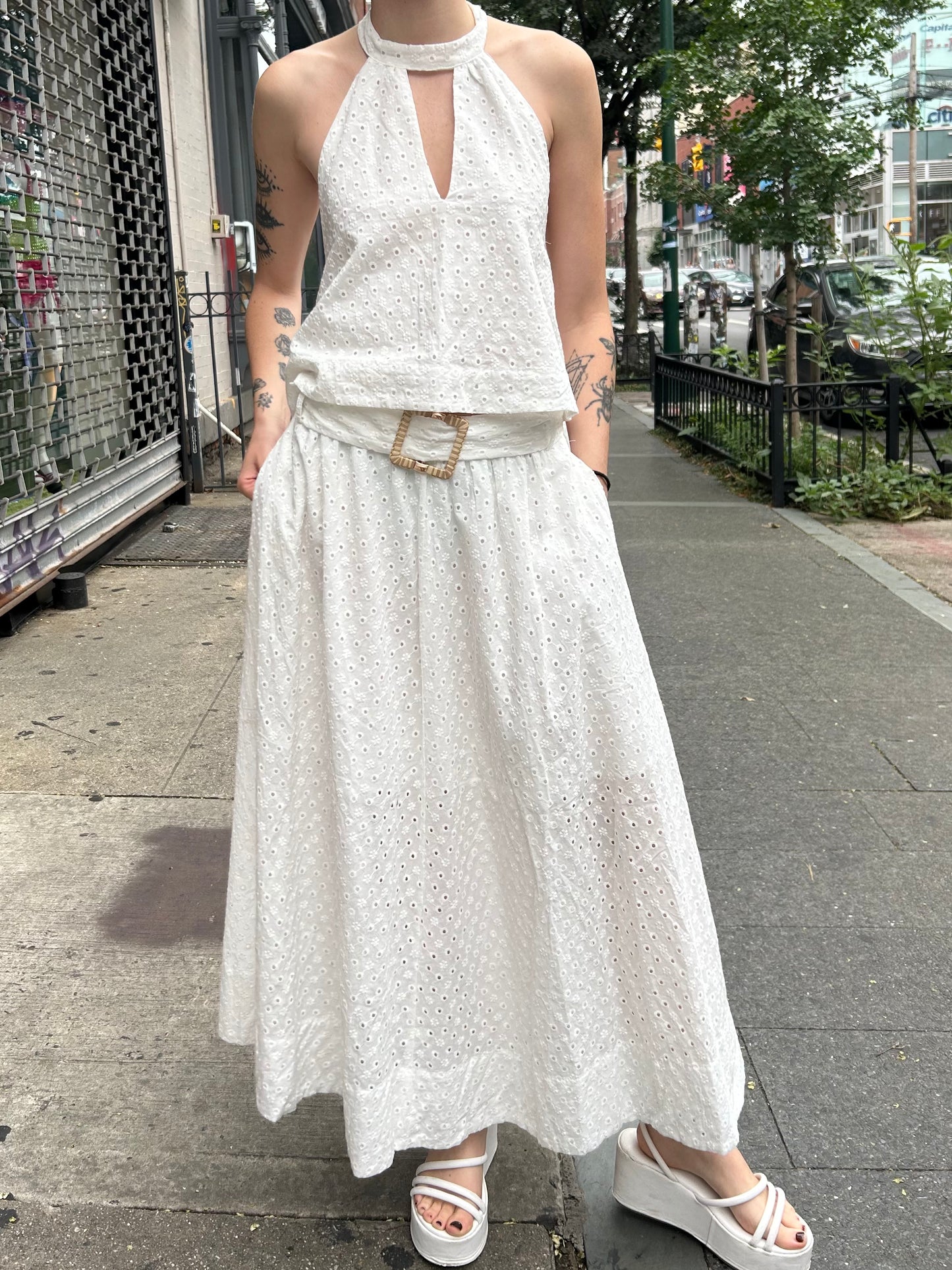 belted eyelet midi skirt