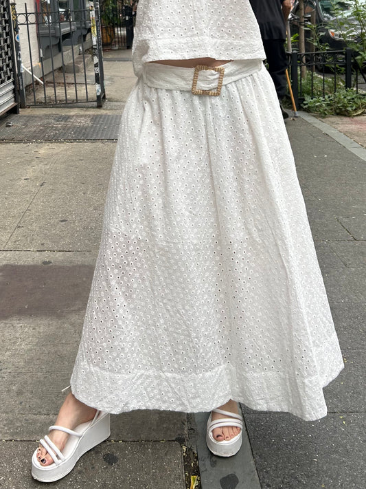 belted eyelet midi skirt
