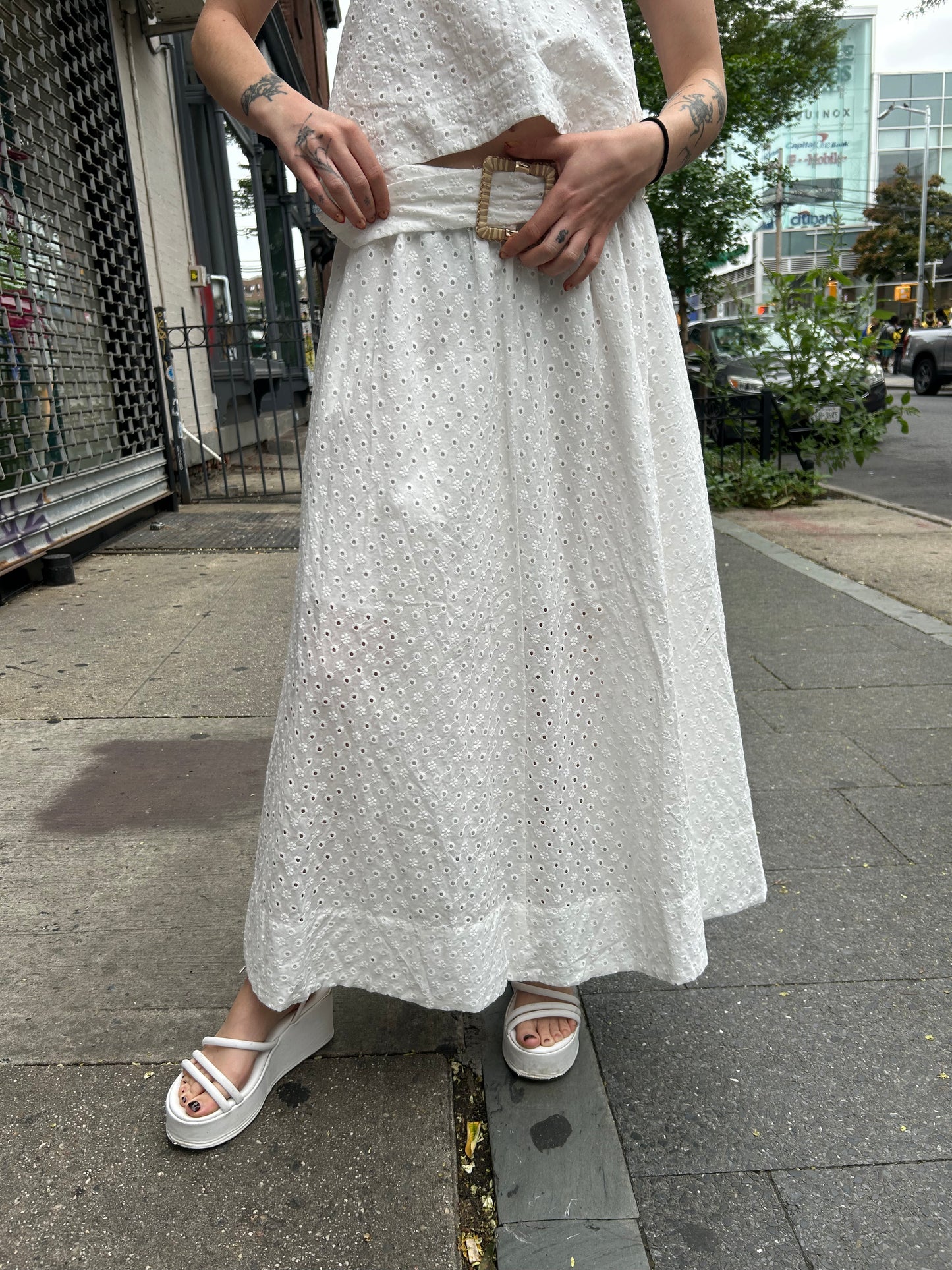 belted eyelet midi skirt