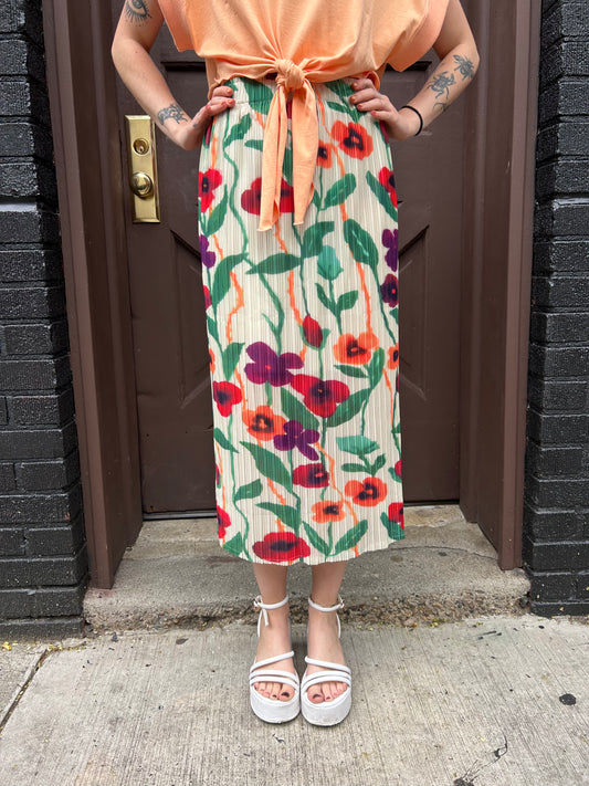 floral pleated midi skirt