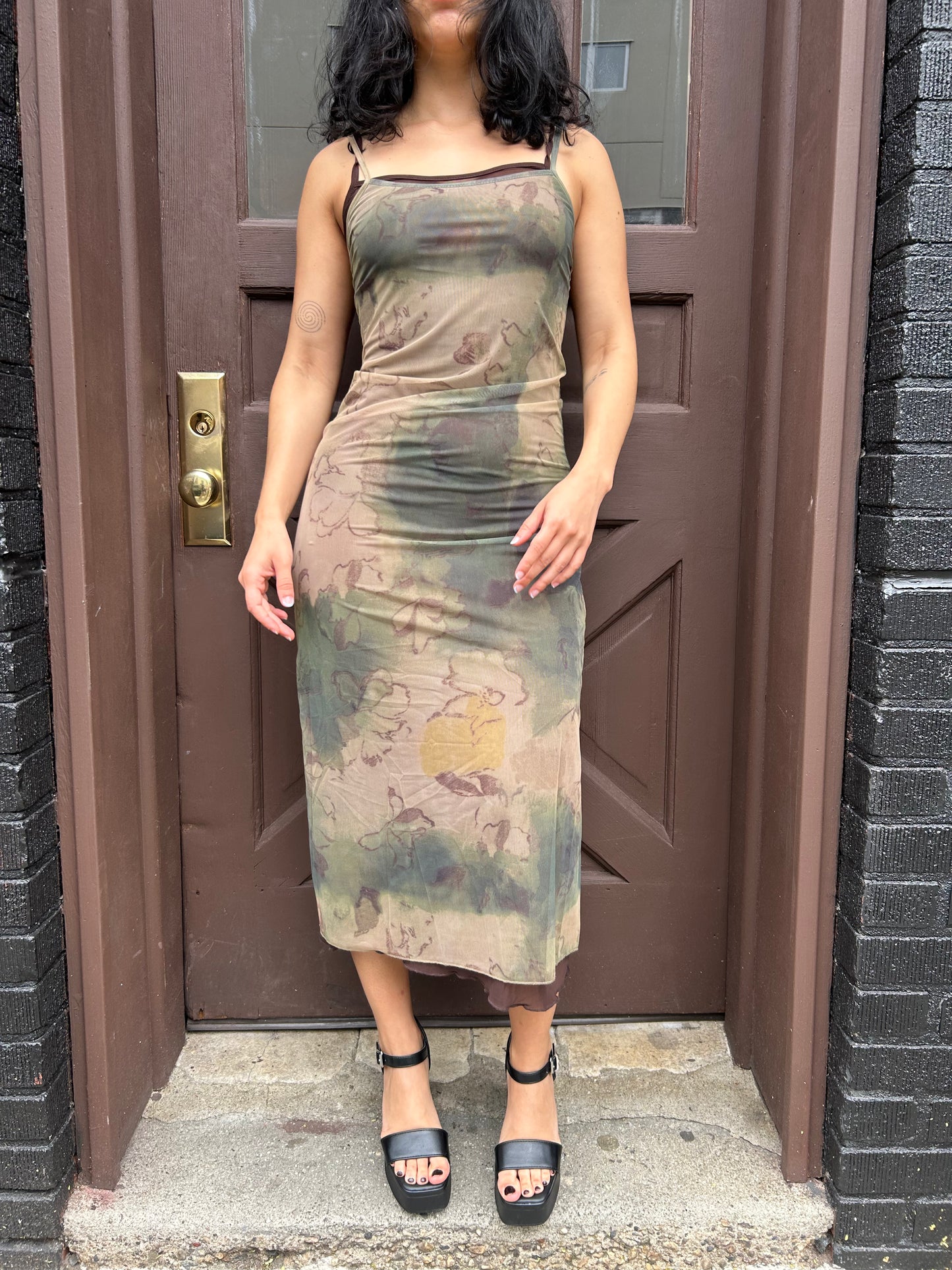 long mesh printed dress