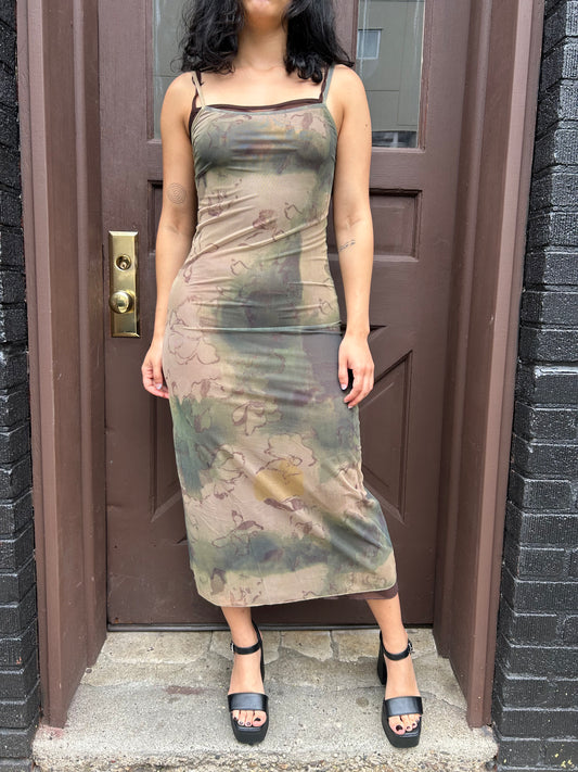 long mesh printed dress