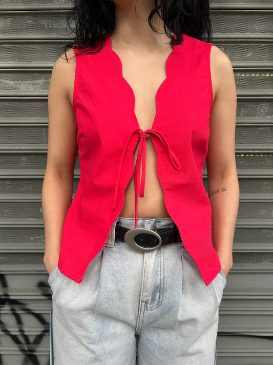 scalloped neckline tie front top