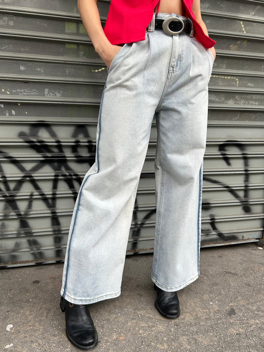 contrast trim denim wide leg pant