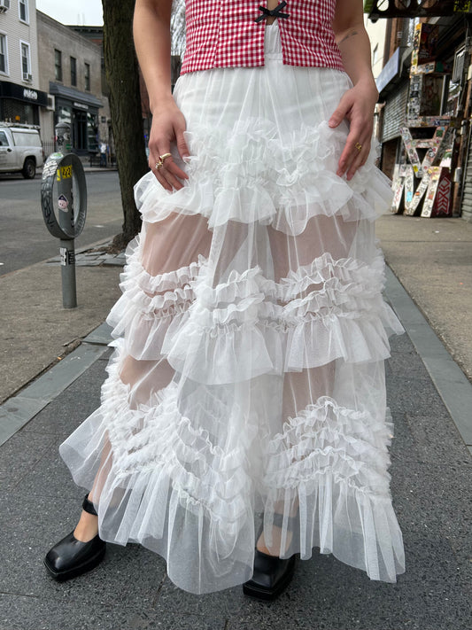 frill detail long mesh skirt