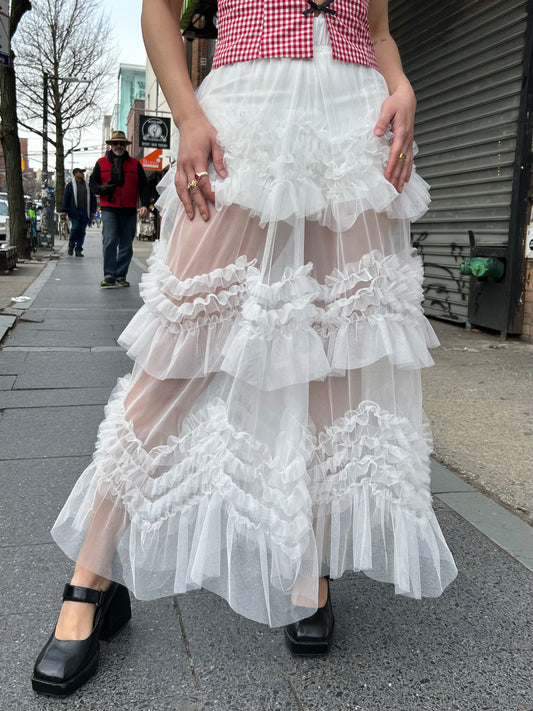 frill detail long mesh skirt