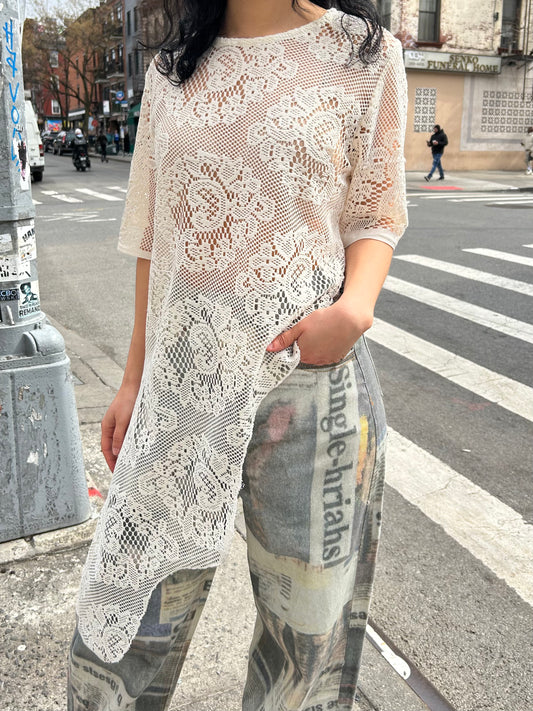 s/s embroidered asymm long blouse