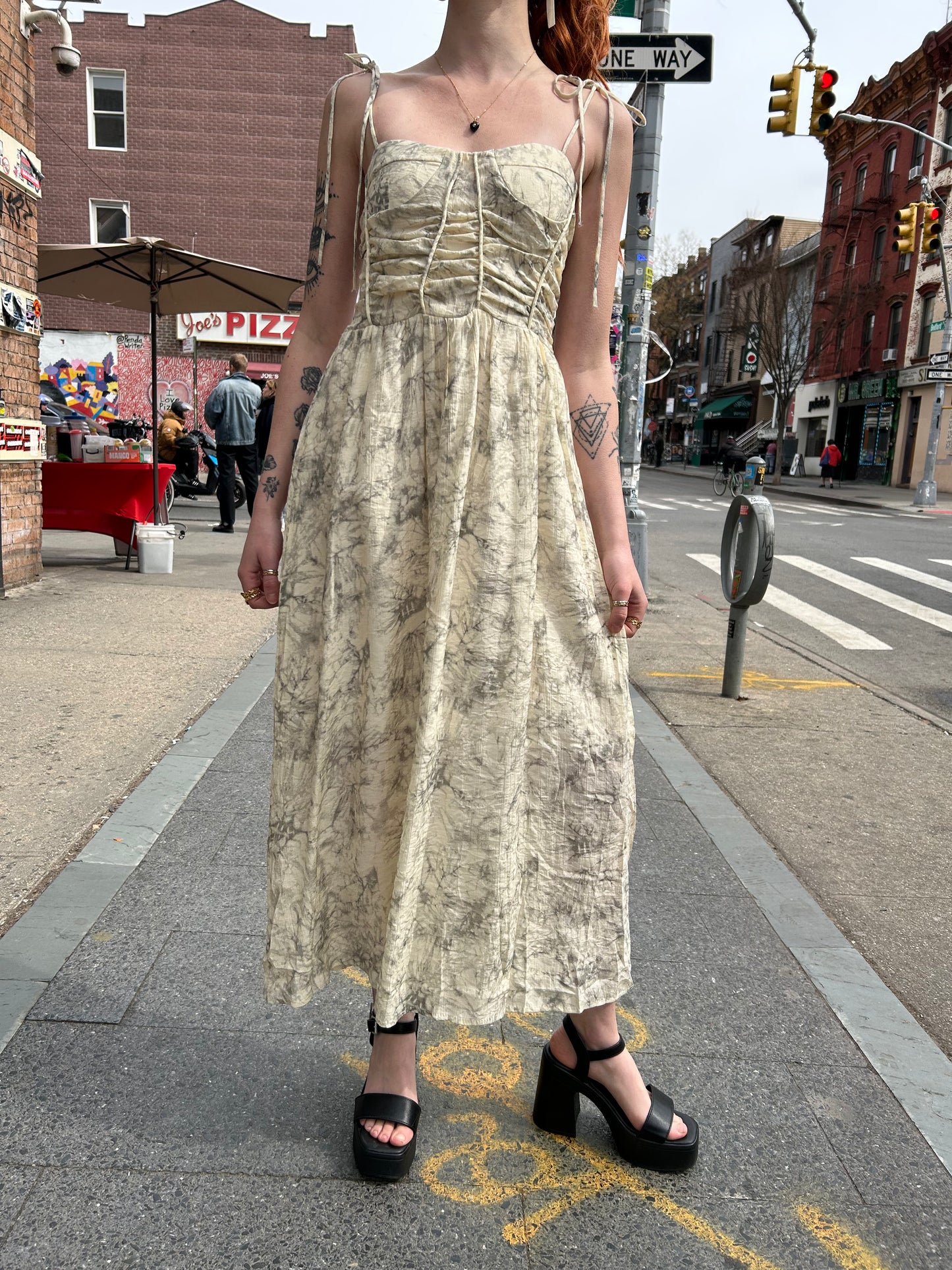 tie strap printed corset detail dress