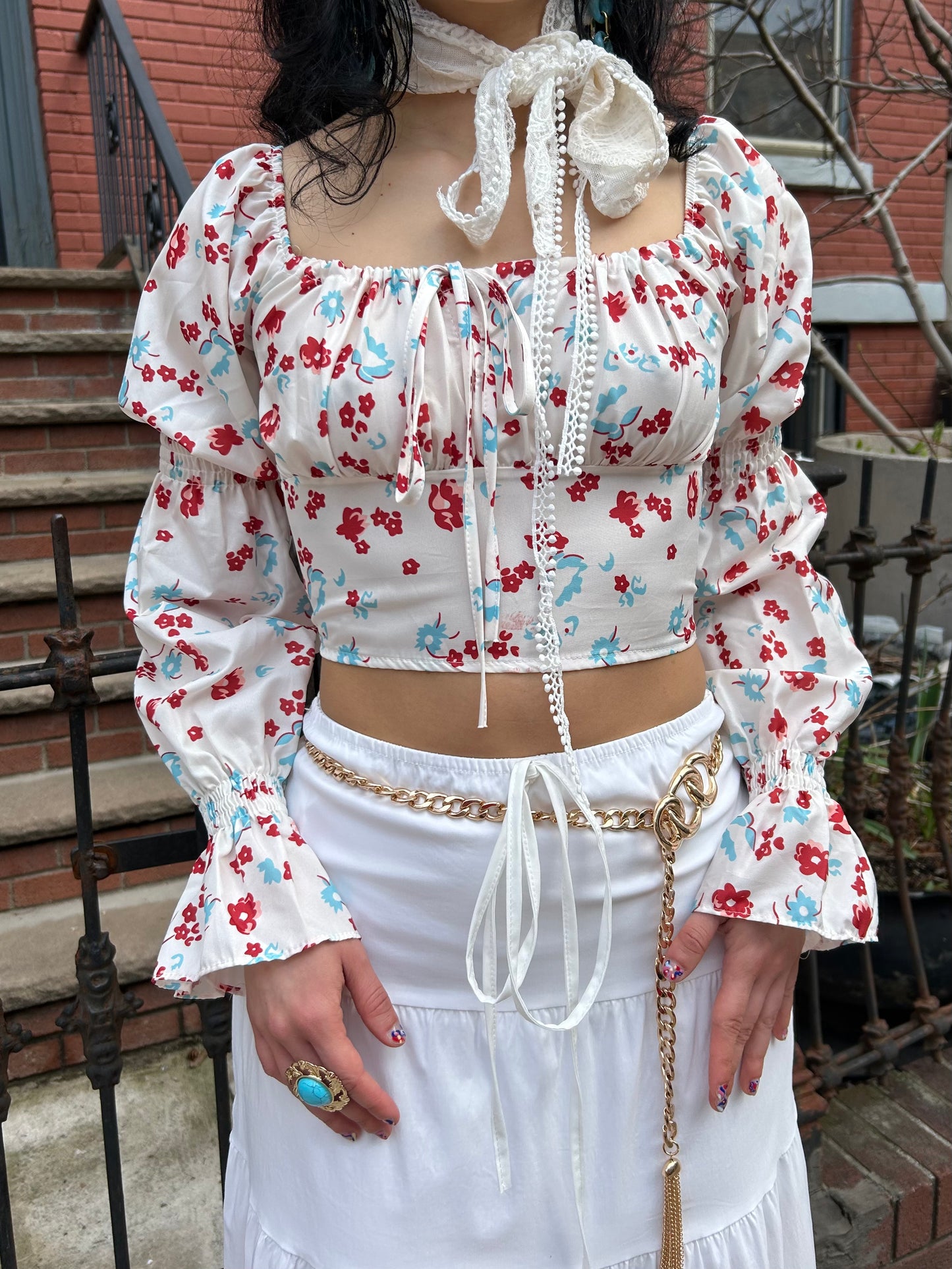 floral shirring puff slv blouse