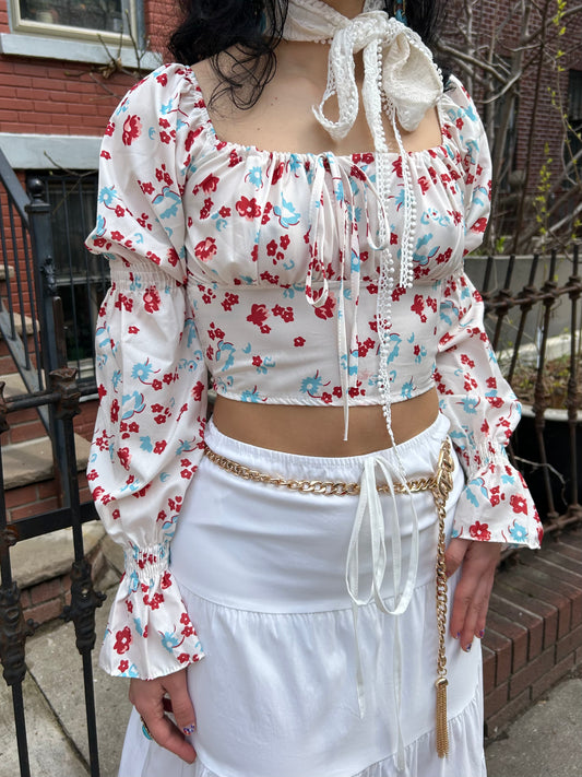 floral shirring puff slv blouse