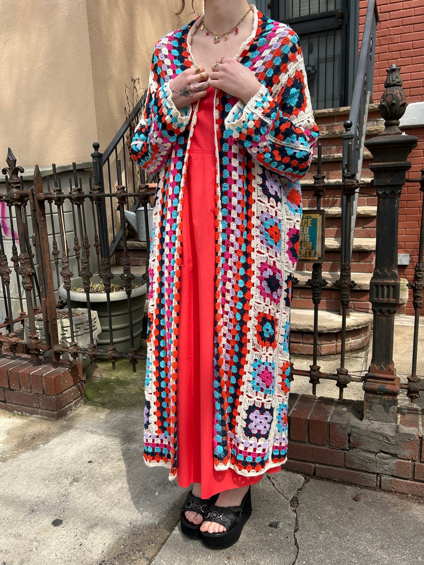 long crochet multi colored cardigan