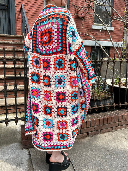 long crochet multi colored cardigan