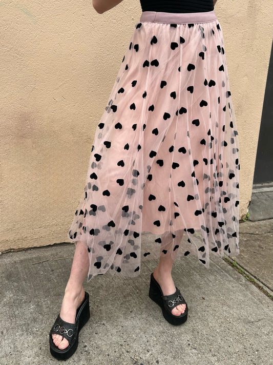 all over heart print mesh skirt