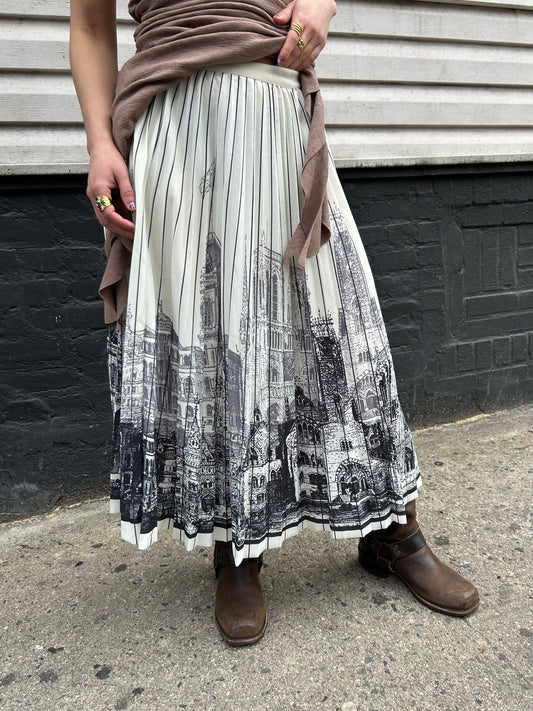 pleated scenic print long skirt