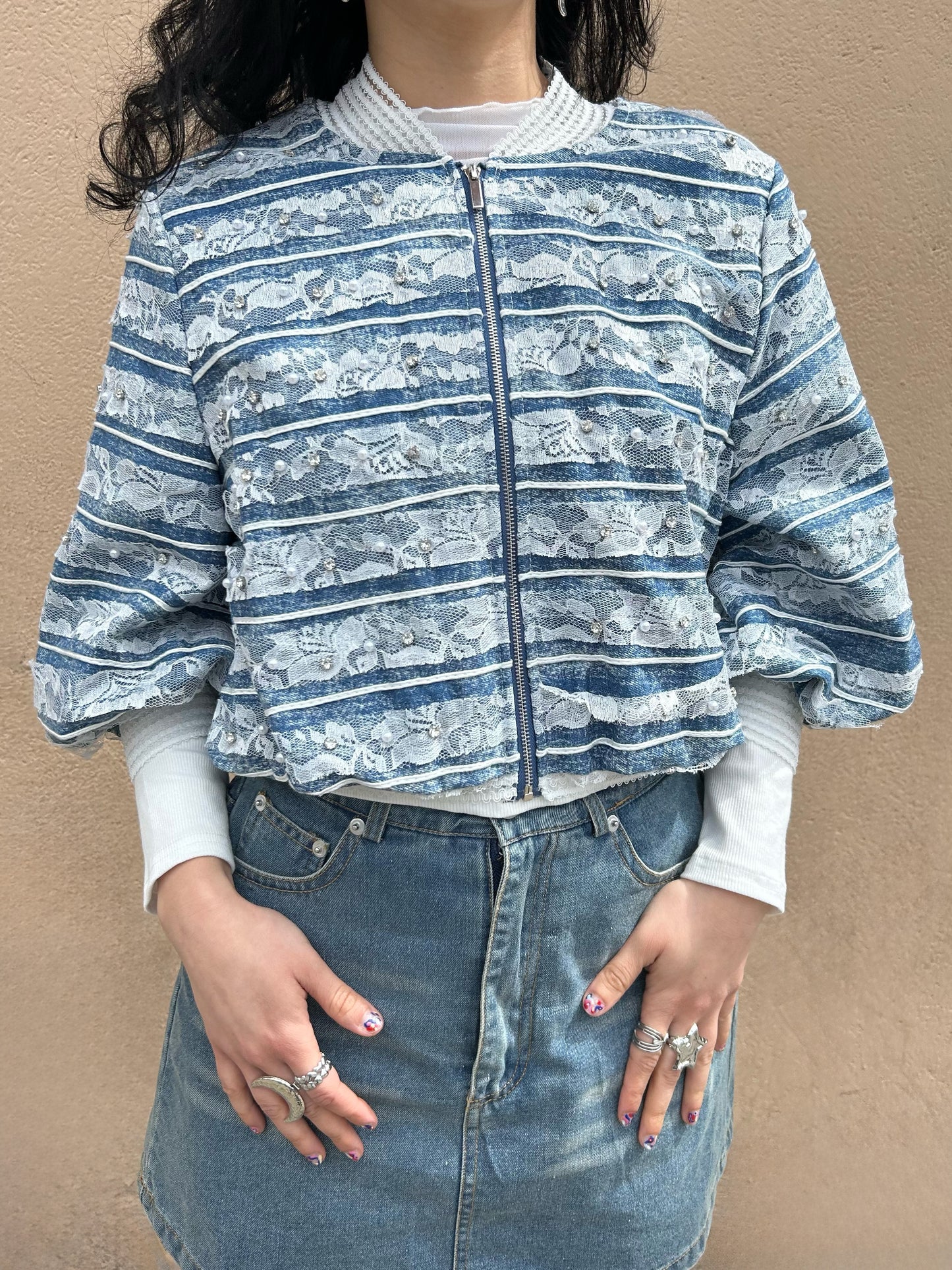 denim lace bomber jacket