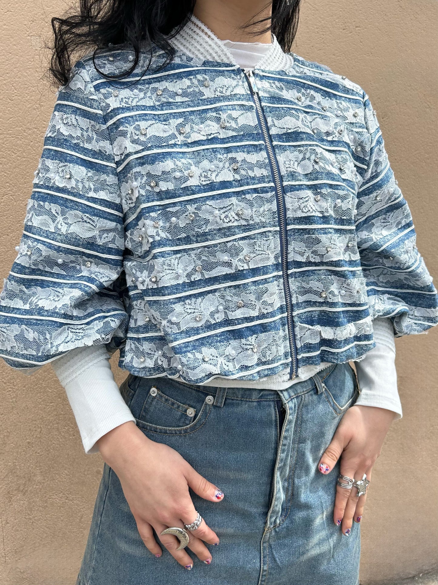 denim lace bomber jacket