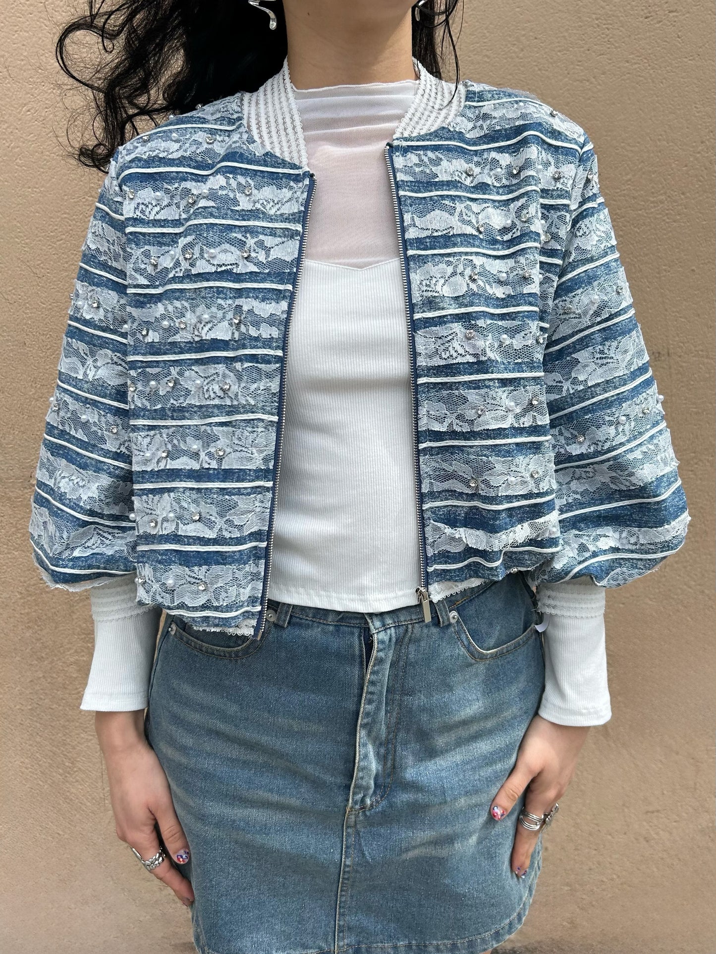 denim lace bomber jacket