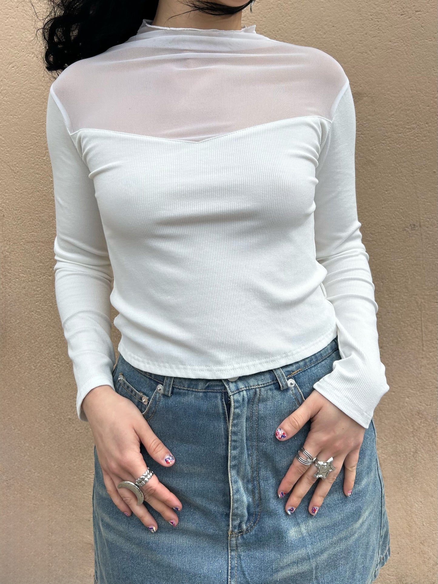 mockneck mesh l/s top