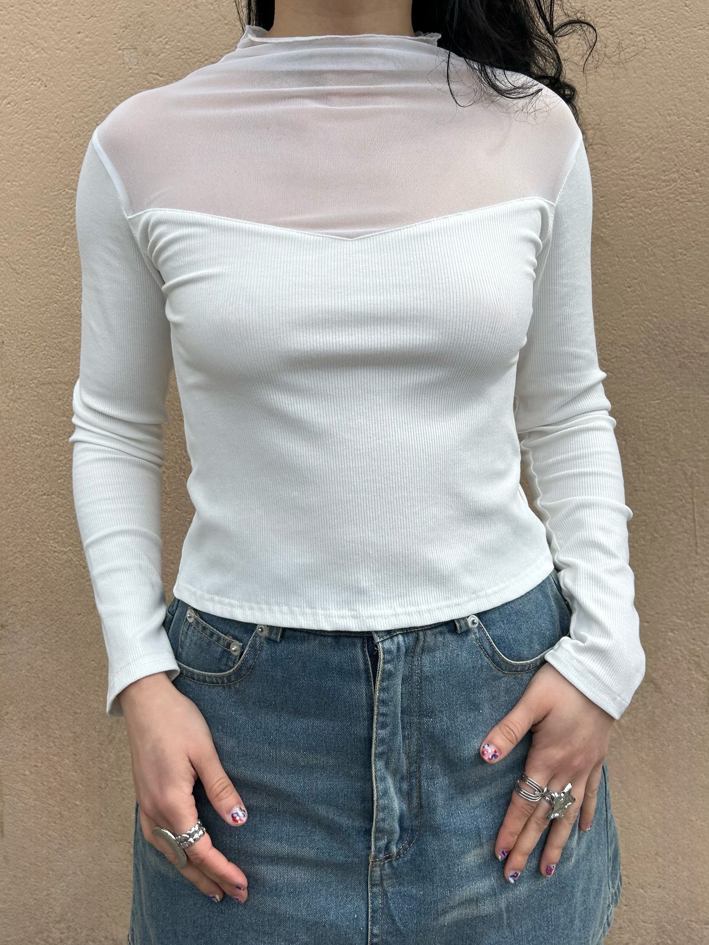 mockneck mesh l/s top