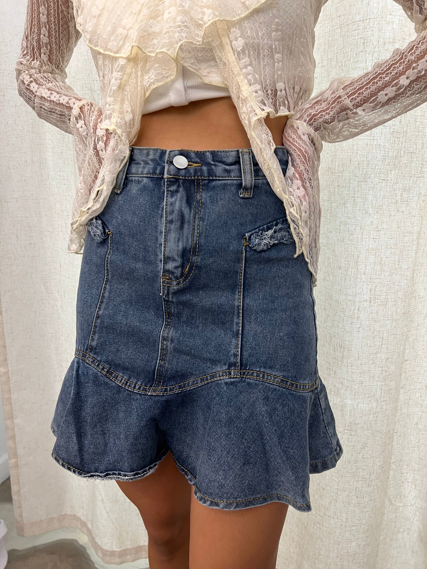 short denim ruffle skirt
