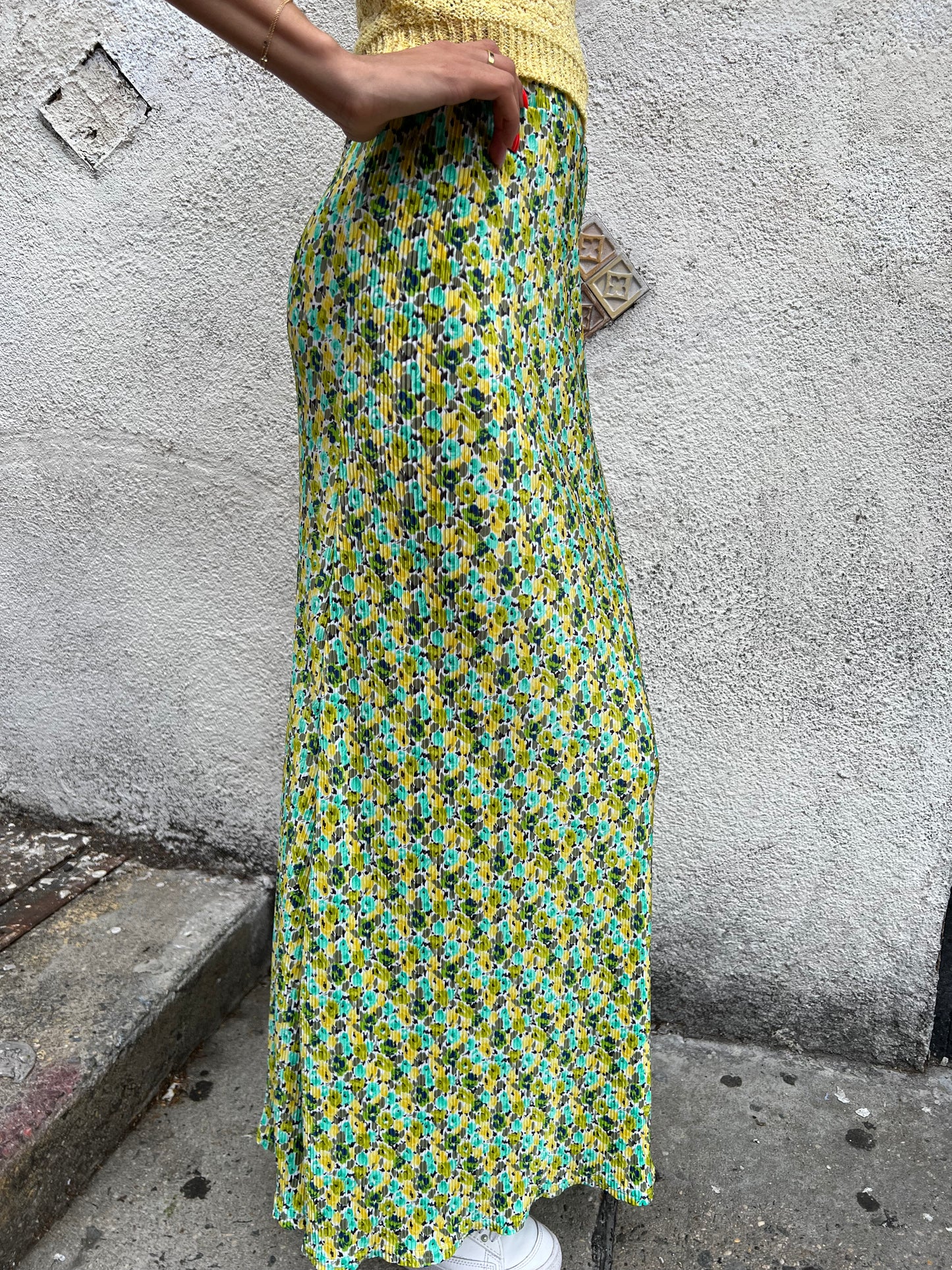 long pleated floral skirt
