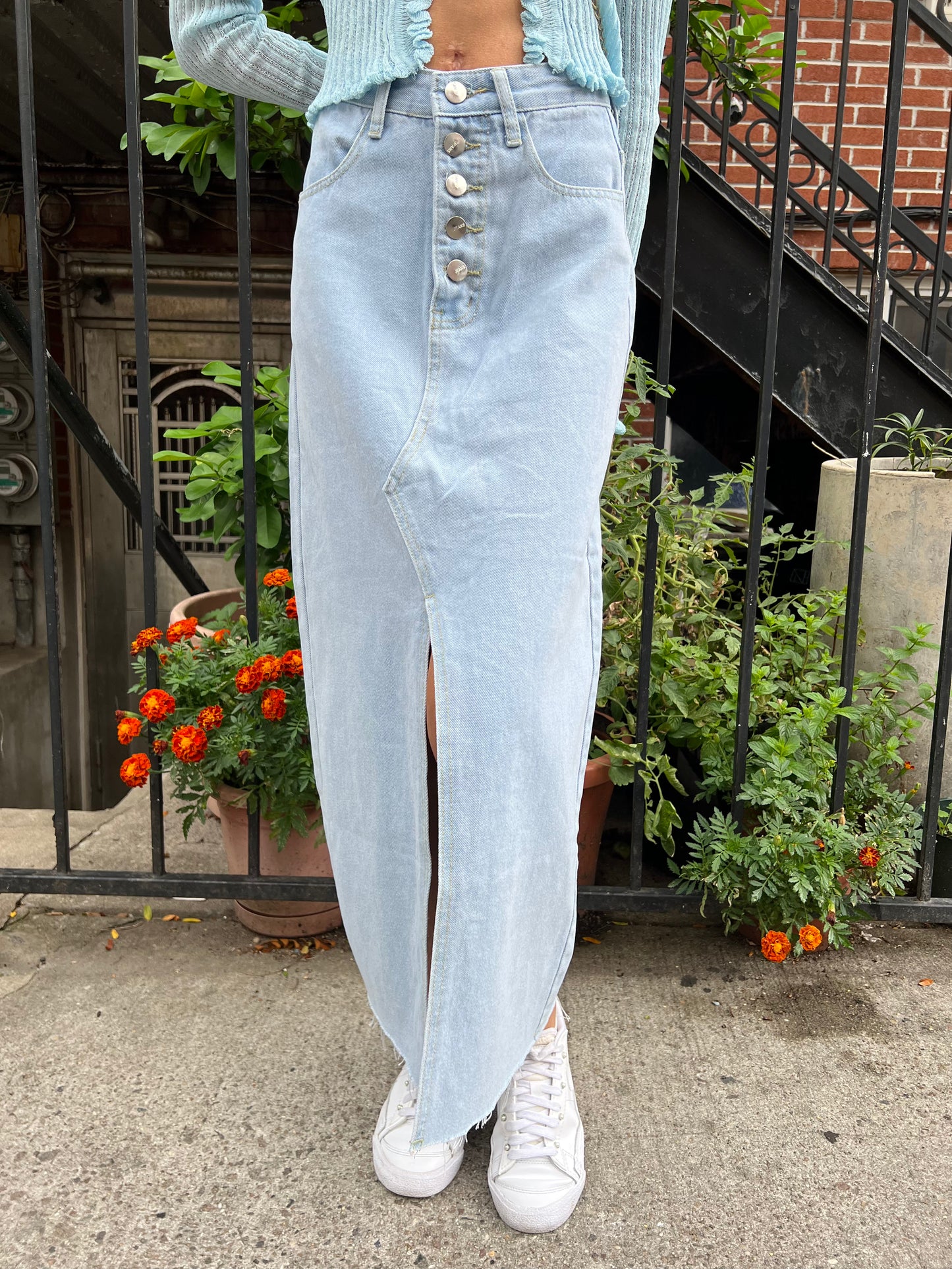 front slit long denim skirt