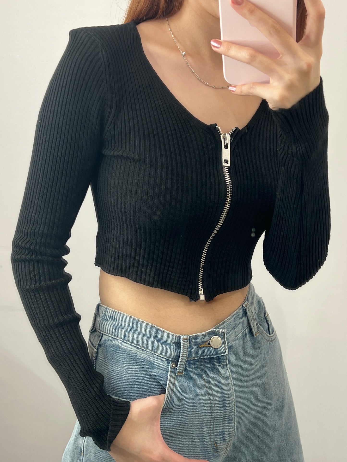 zip up crop knit top