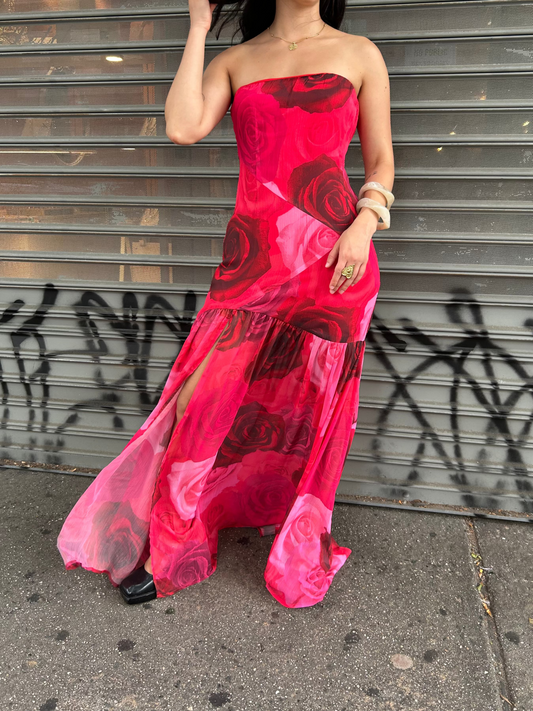 rose print strapless dress