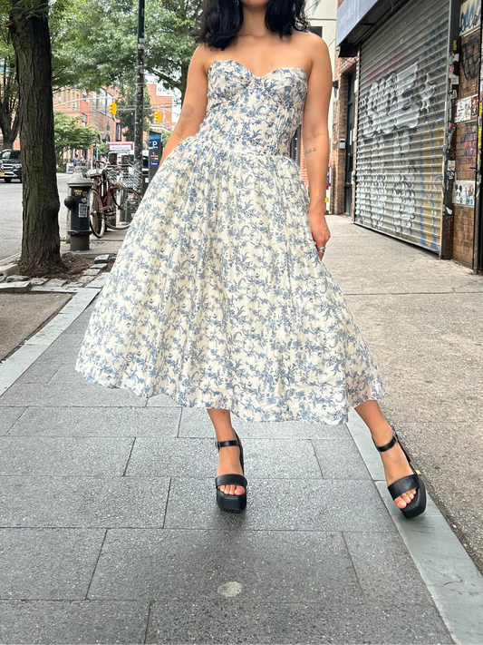 strapless floral organza dress