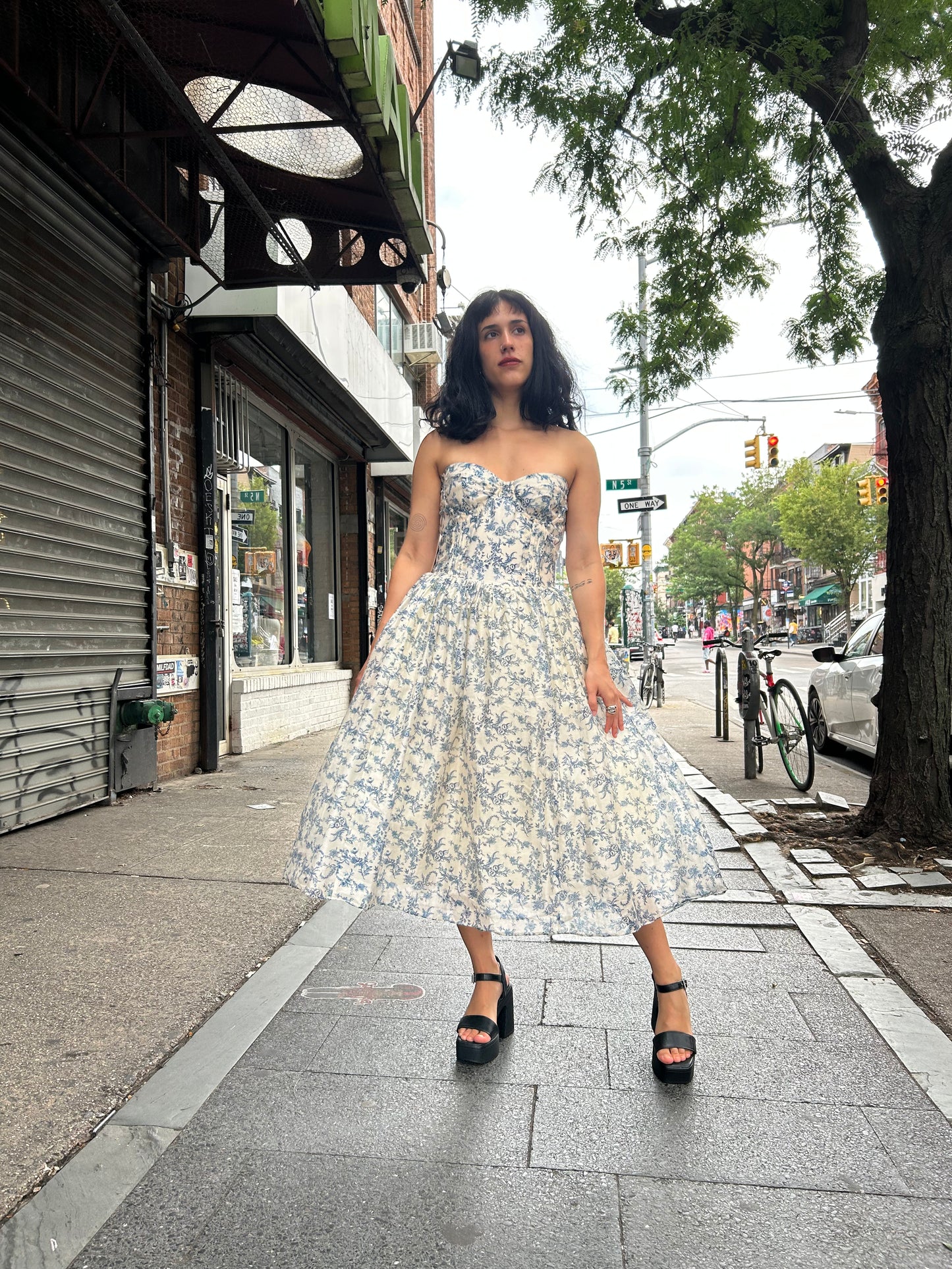 strapless floral organza dress