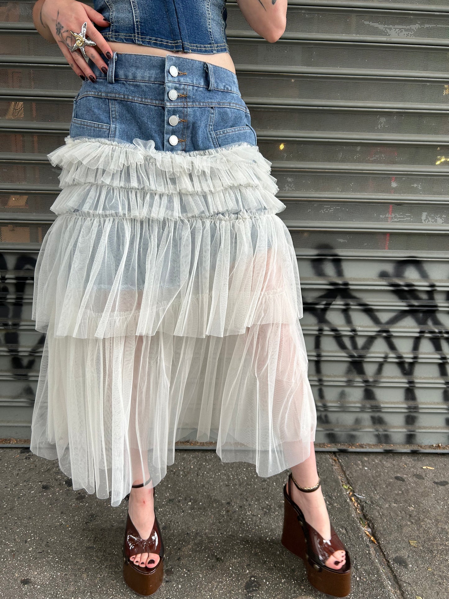 denim mesh combo skirt
