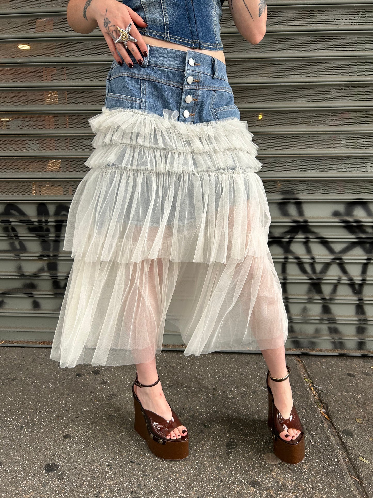 denim mesh combo skirt