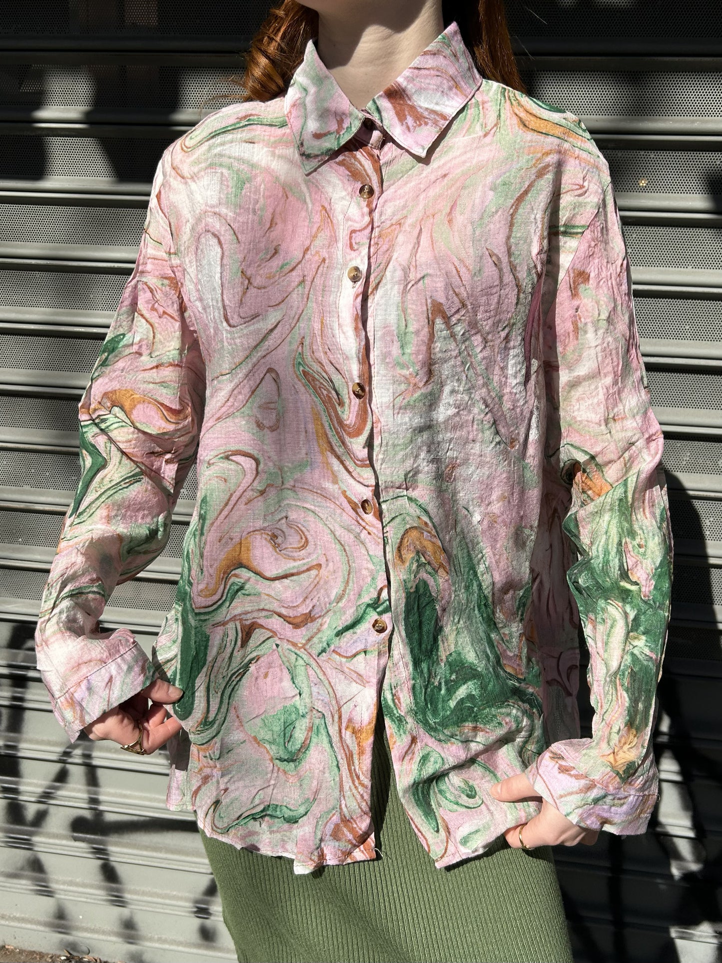 water colored swirl printed blouse