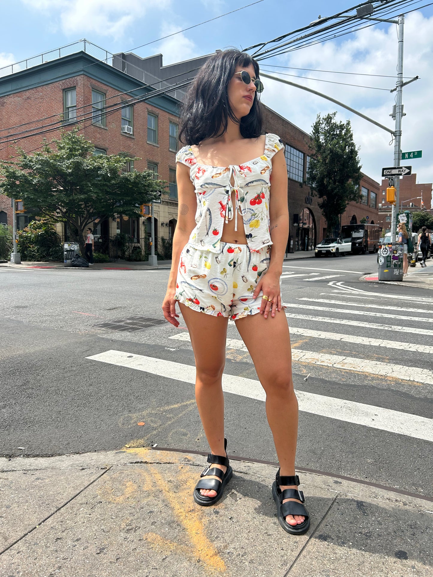 summer print open tie front top