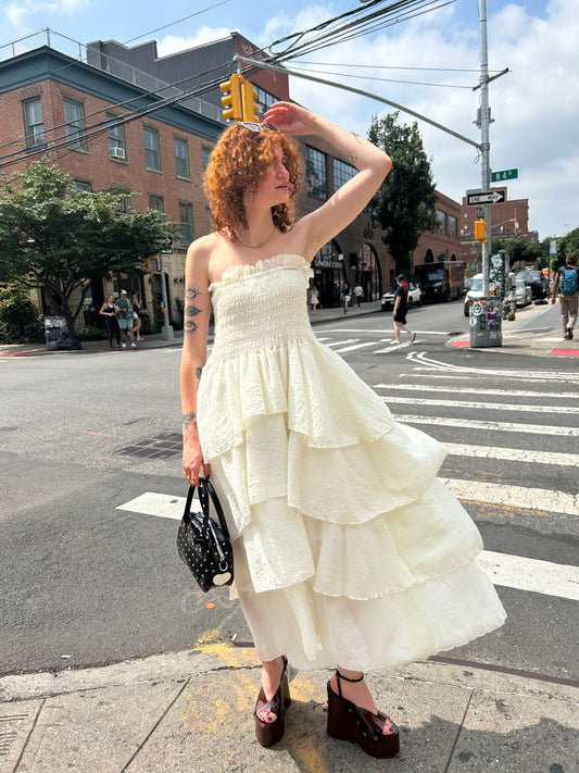 strapless smocked multi tiered long dress