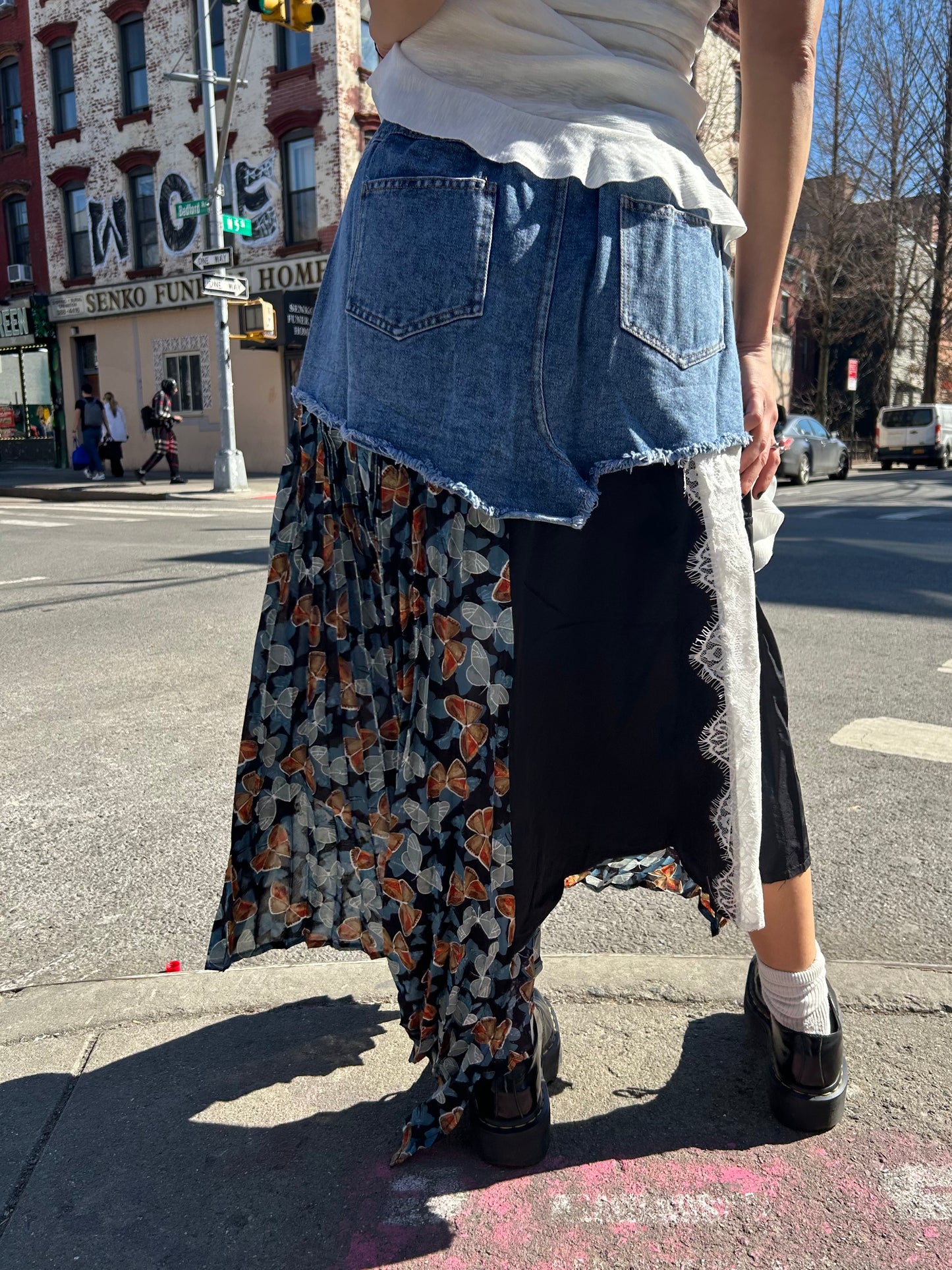 multi print denim skirt