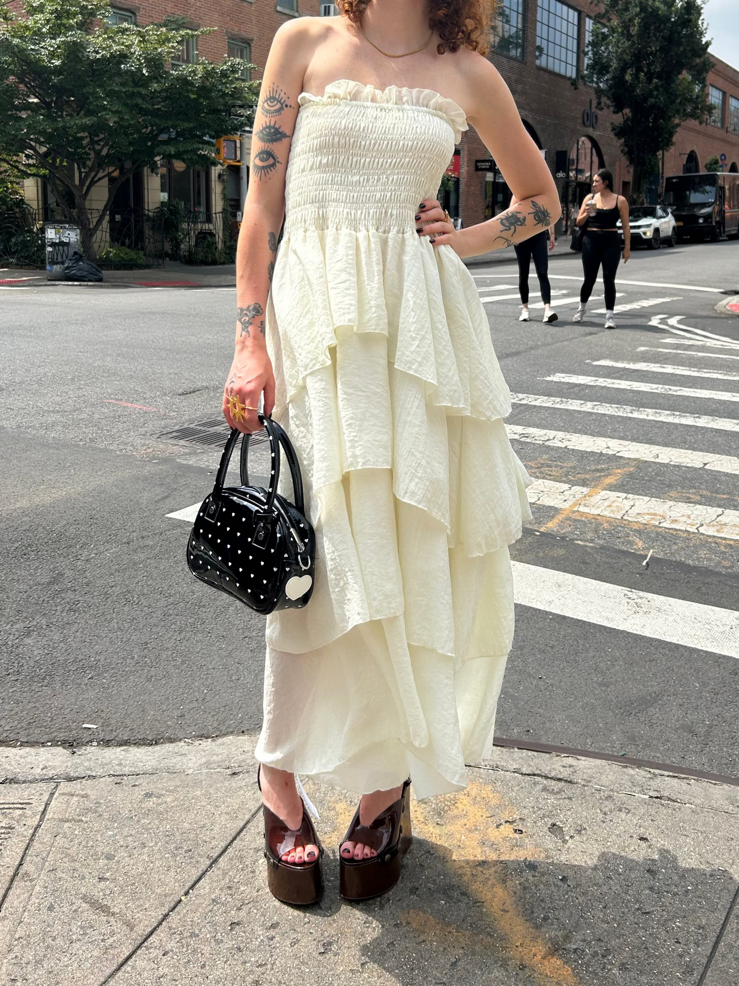 strapless smocked multi tiered long dress