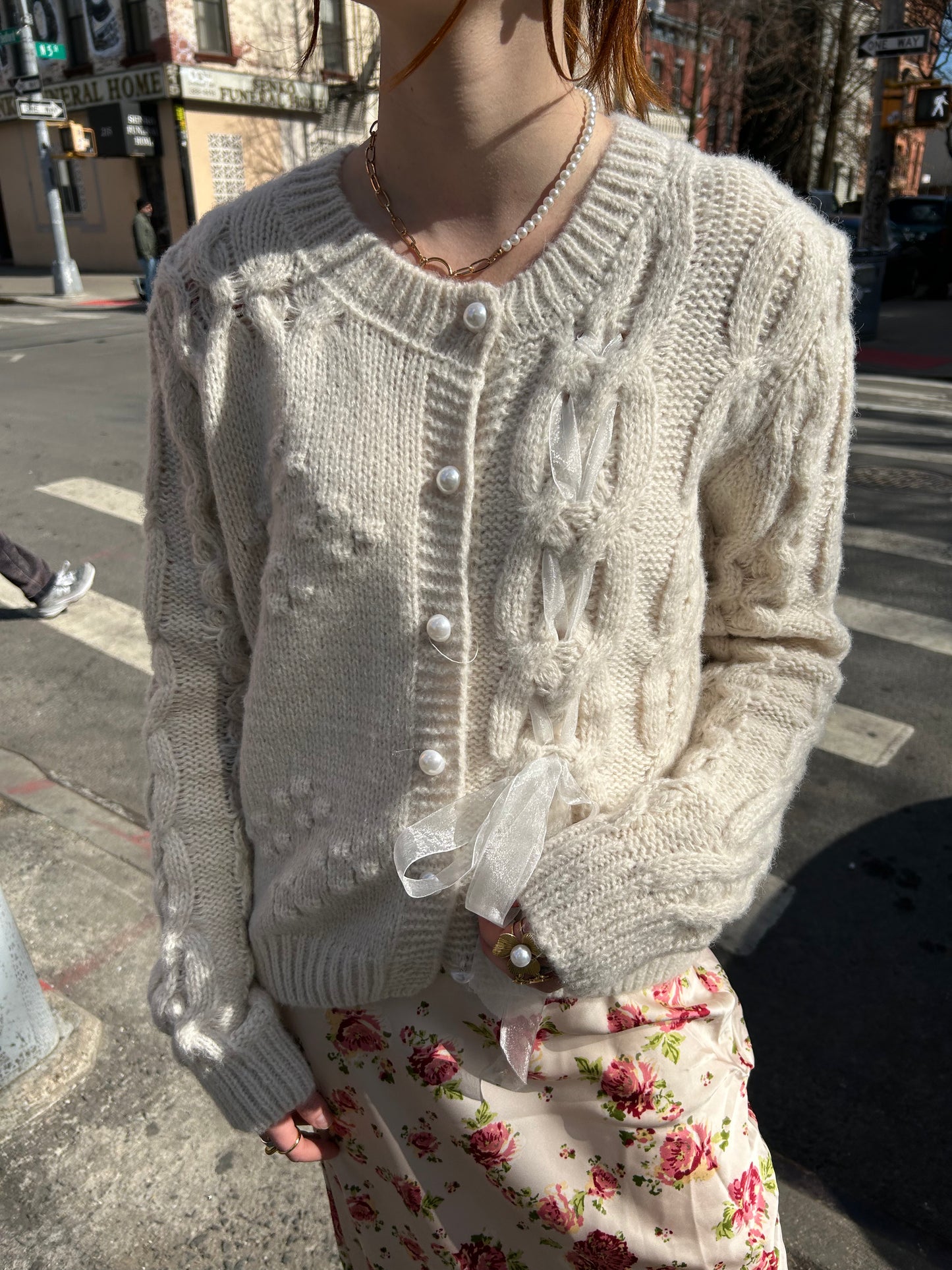 cable knit pearl button cardigan