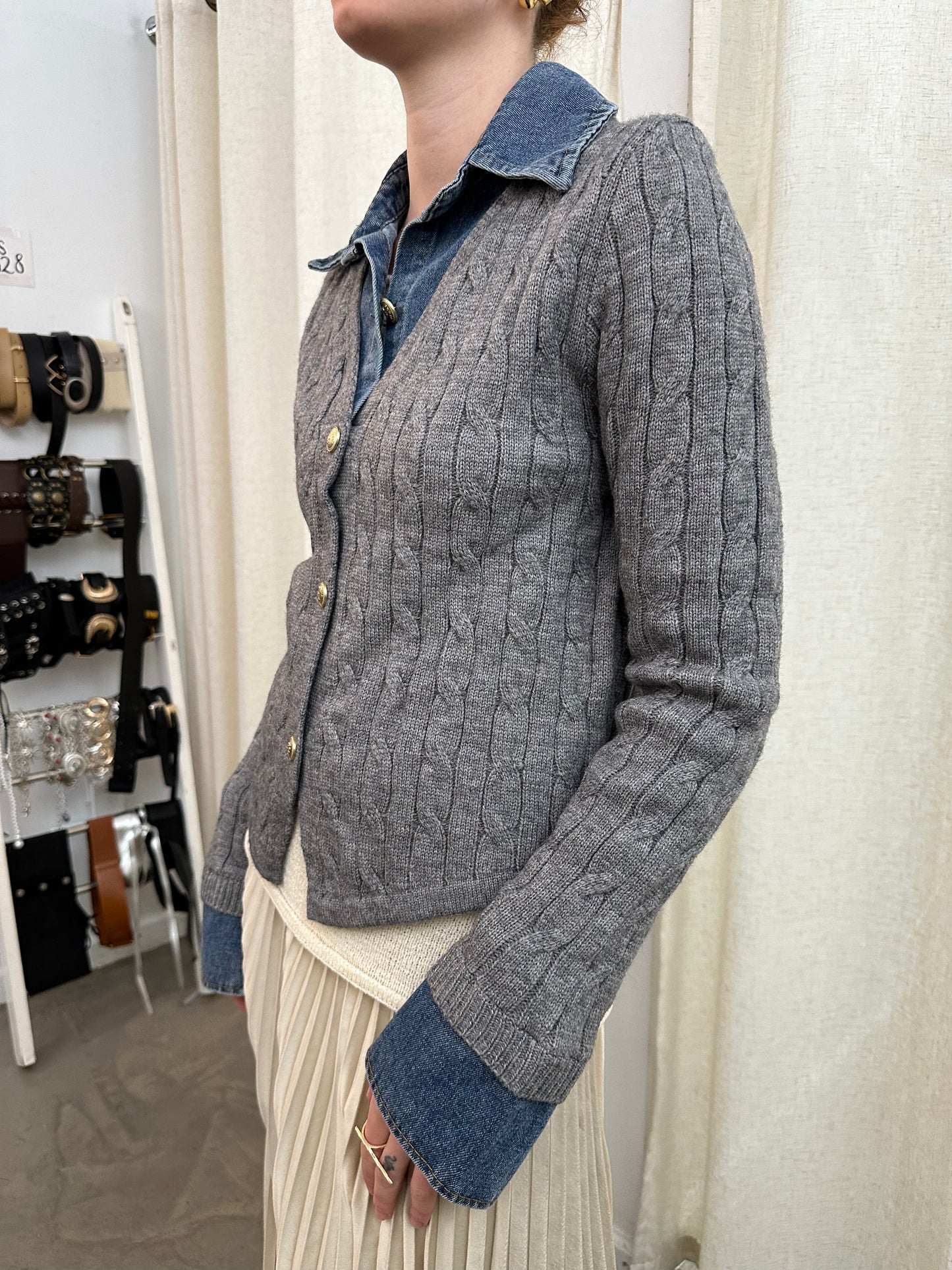 denim knit combo top