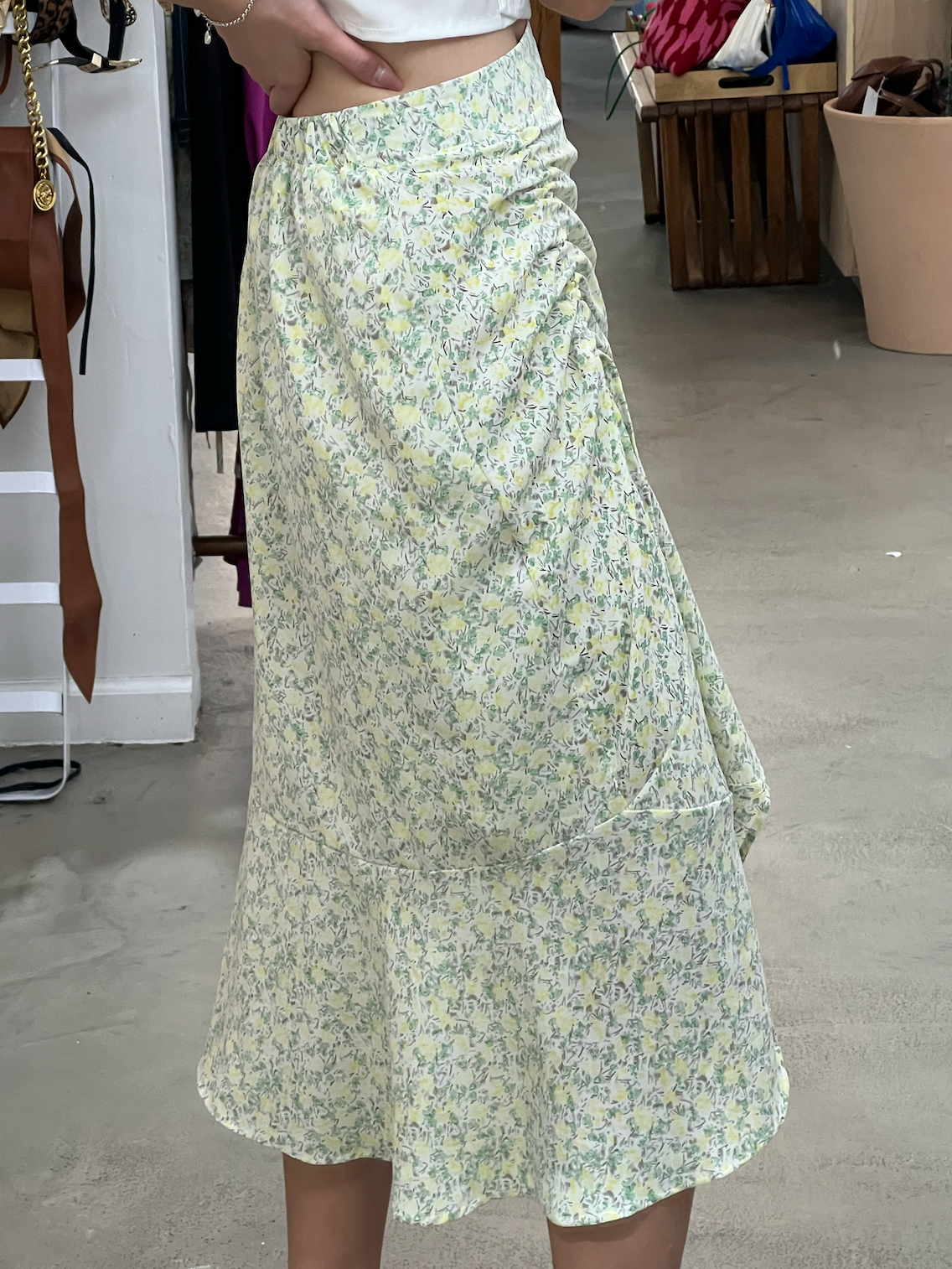 side ruched floral skirt