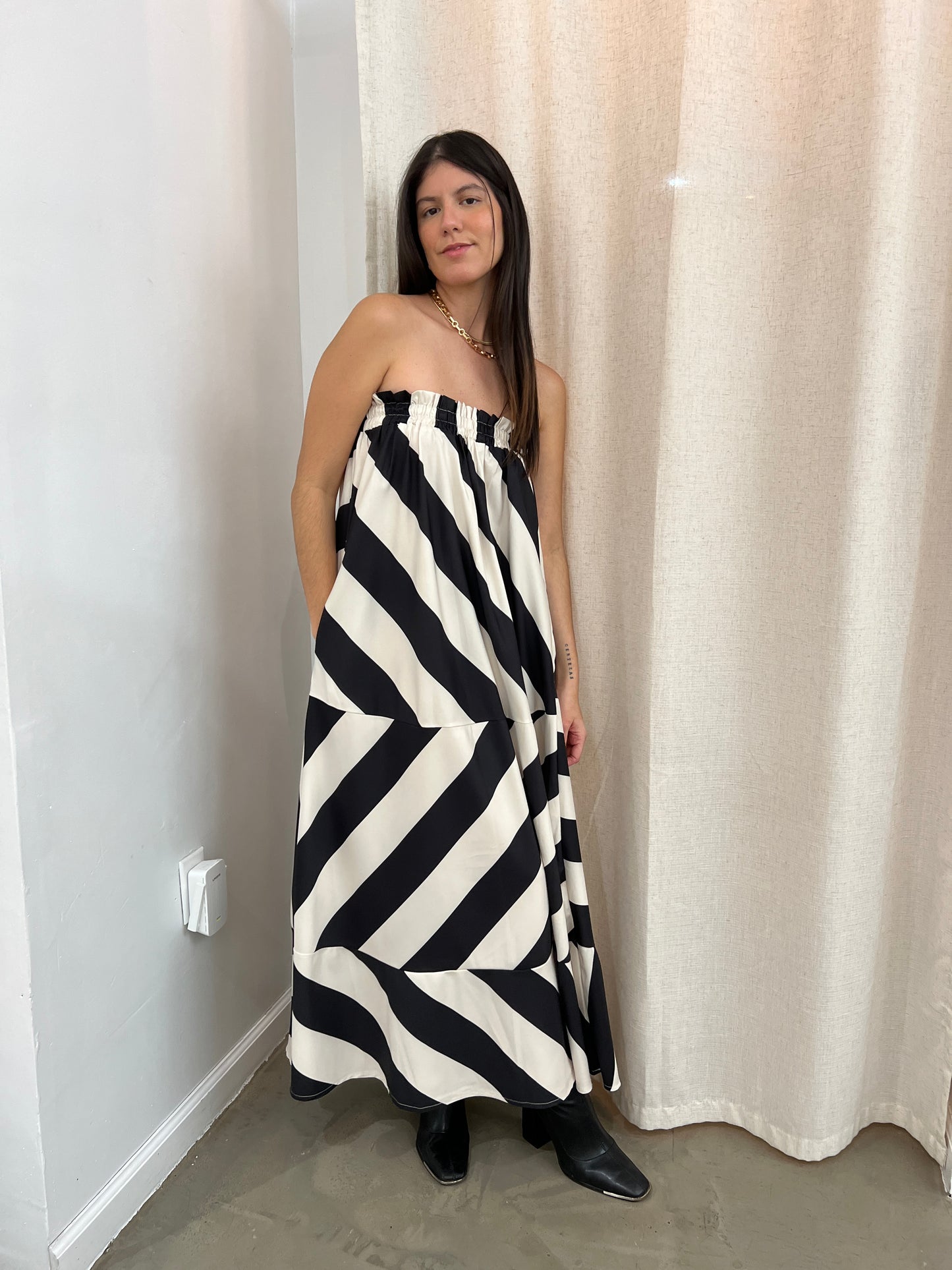 Strapless Bold Stripe Maxi Dress